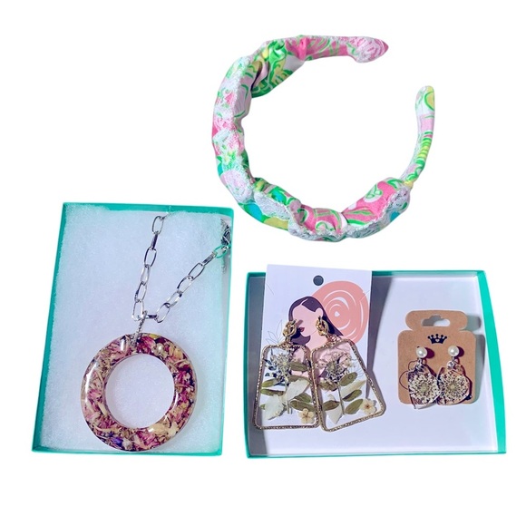 Hand Crafted Jewelry - South Beach Style Resin Jewelry Bundle Necklace Earrings and Handmade Headband